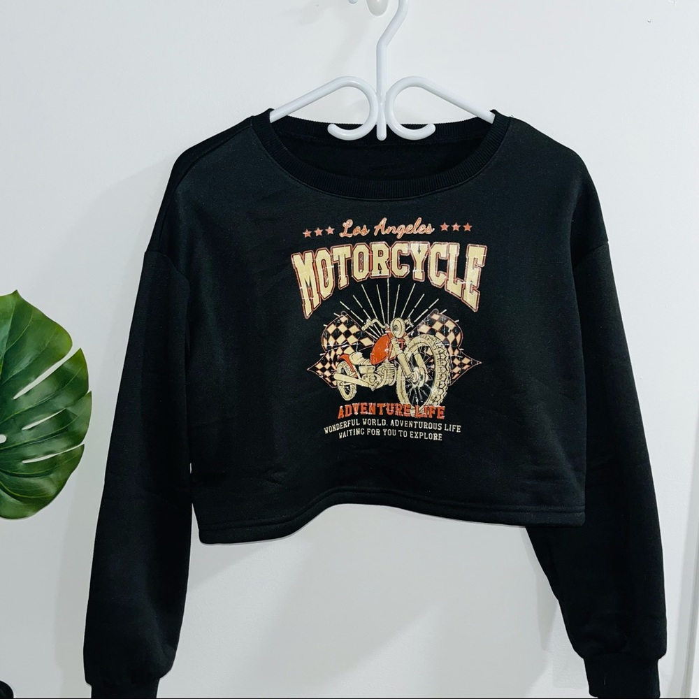 Shein Motorcycle Print Thermal Lined Crop Sweatshirt Medium